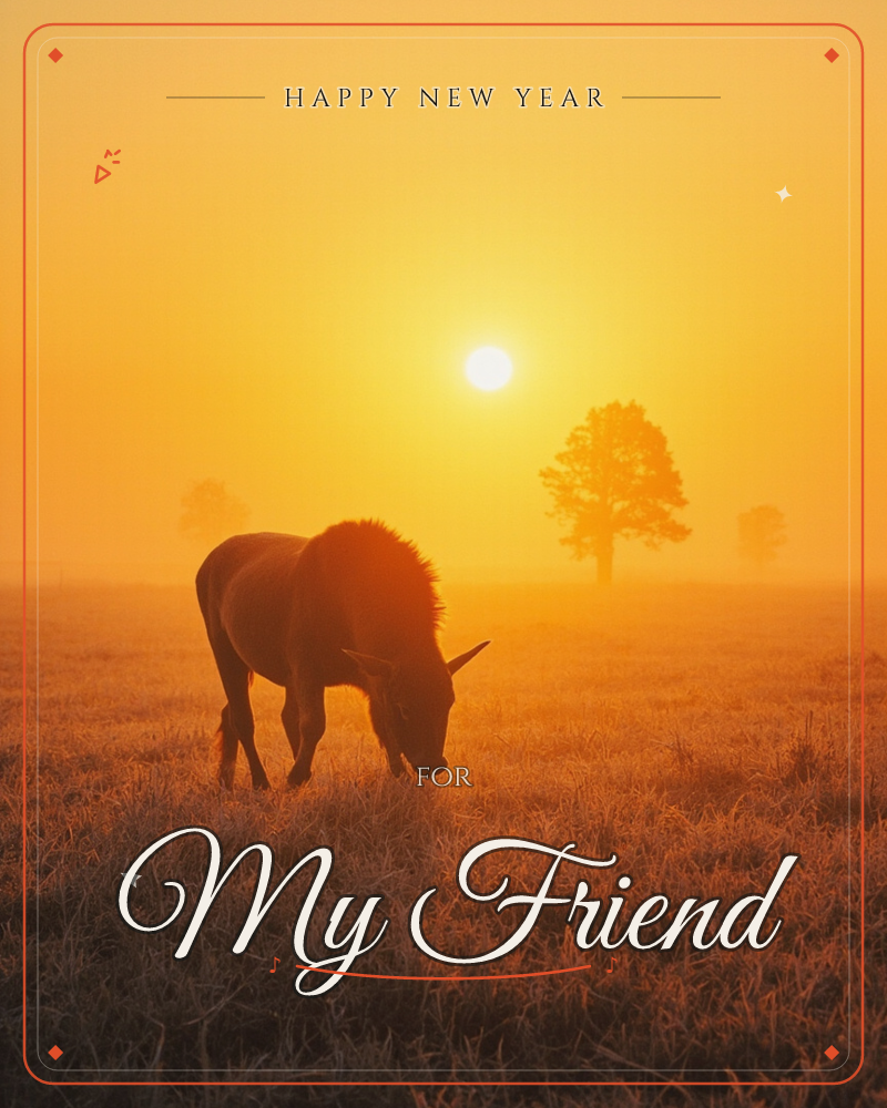 A horse grazes head-down in a misty field as a hazy sun glows directly behind it, bathing the whole scene in deep orange and gold, a new year e-card design