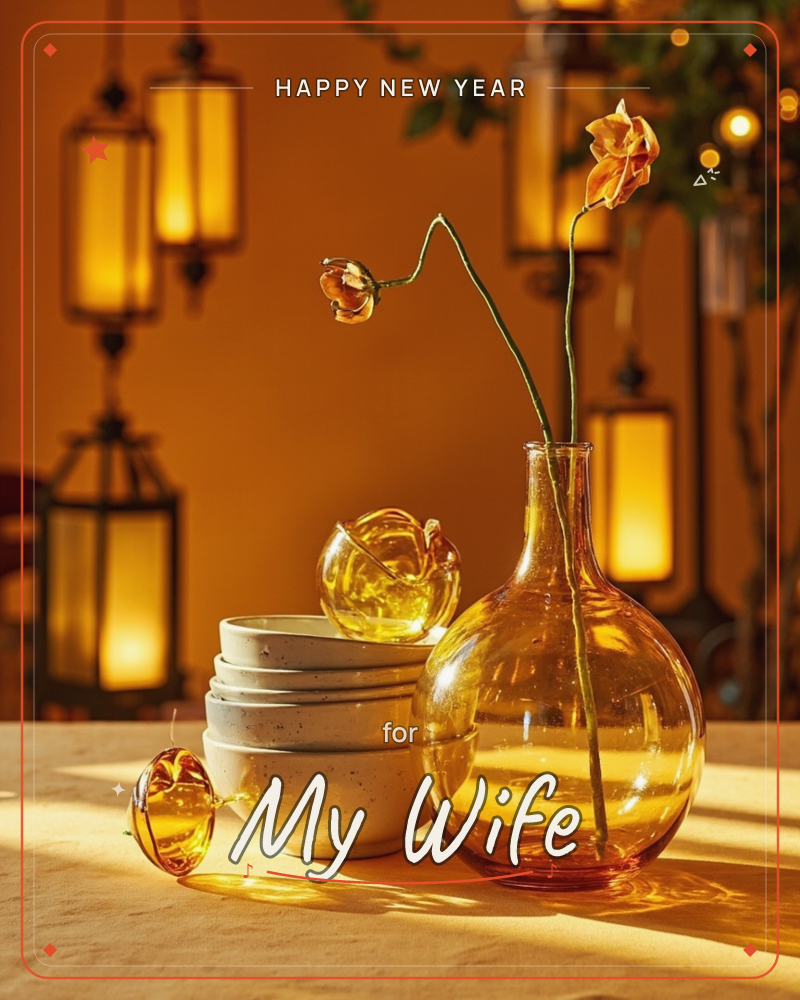 A round amber glass vase holds a single curling stem with two soft orange blooms, standing beside a stack of speckled cream bowls on a linen tablecloth, a new year e-card design