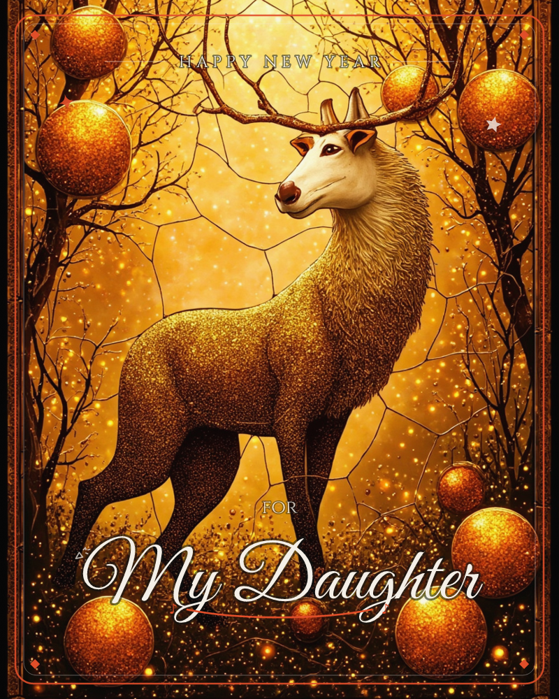 A stately antlered stag stands amid bare branches, its coat rendered in shimmering gold flecks that catch an amber glow, a new year e-card design