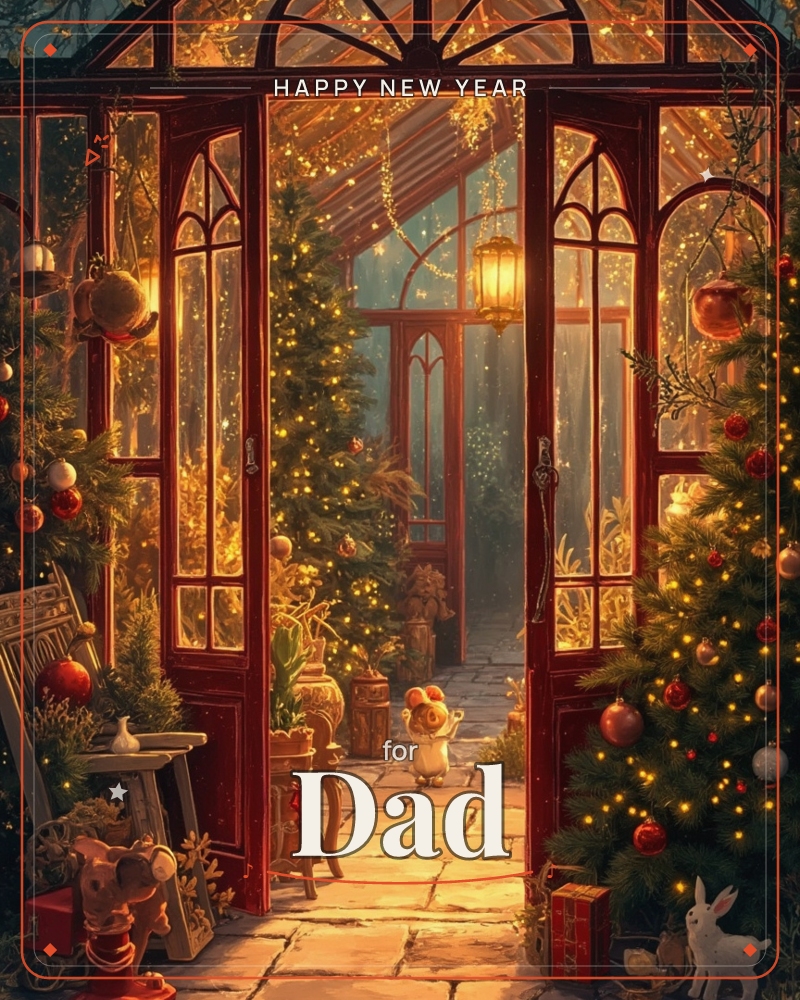 A glass conservatory glows from within, its arched red-framed doors thrown open onto a stone path lined with towering Christmas trees strung in warm…, a new year e-card design