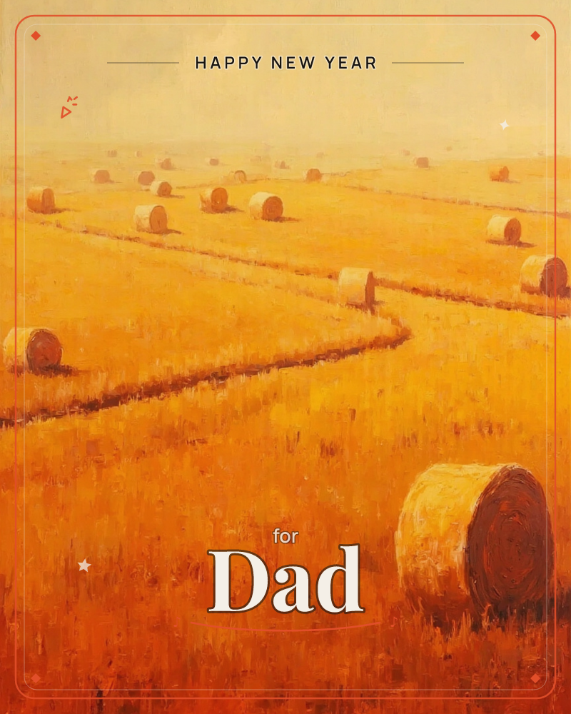 A golden harvest field stretches to a pale horizon, dotted with round hay bales and crossed by a faint dirt track, a new year e-card design