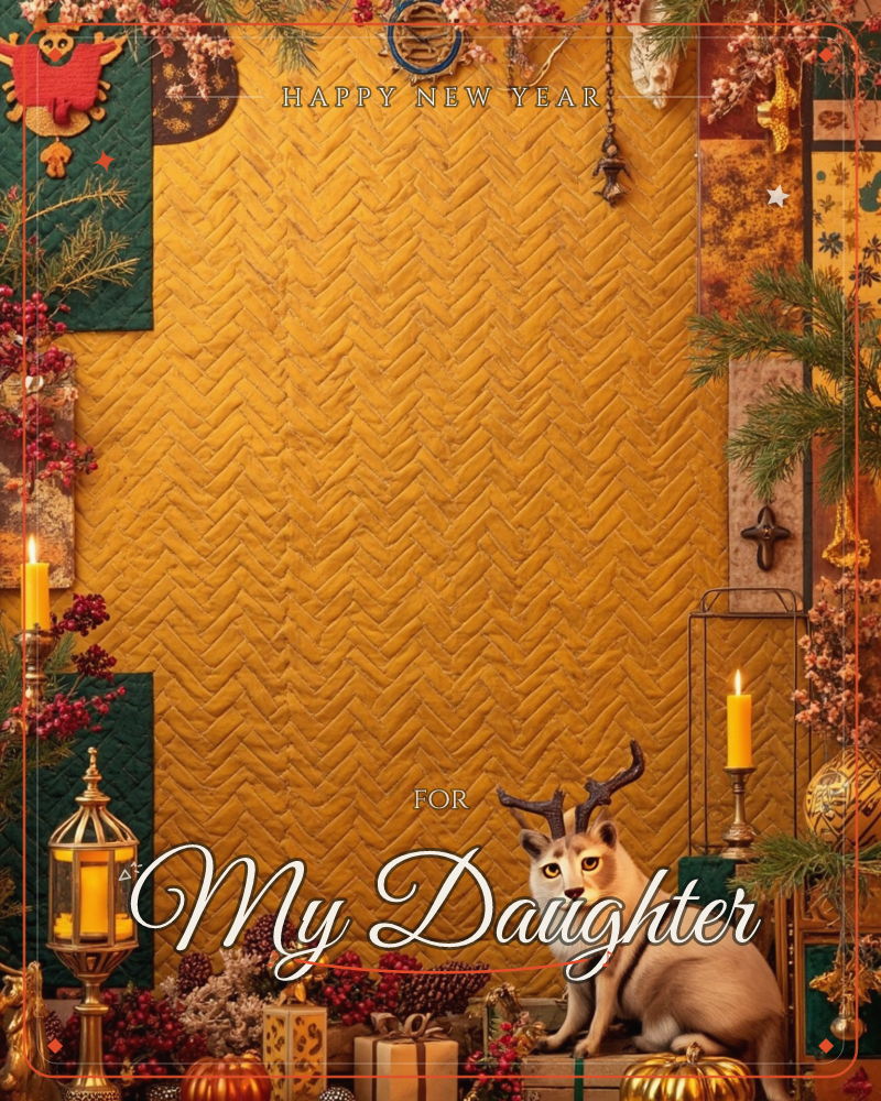 A golden herringbone-quilted panel forms the centre of this card, framed by patchwork quilt squares, pine branches, berries and lit candles in lanterns, a new year e-card design