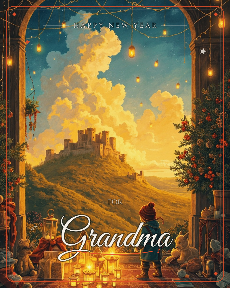 A child in a knitted hat and blue coat stands beneath a stone archway strung with glowing lanterns, gazing out at a hilltop castle glowing gold under a…, a new year e-card design