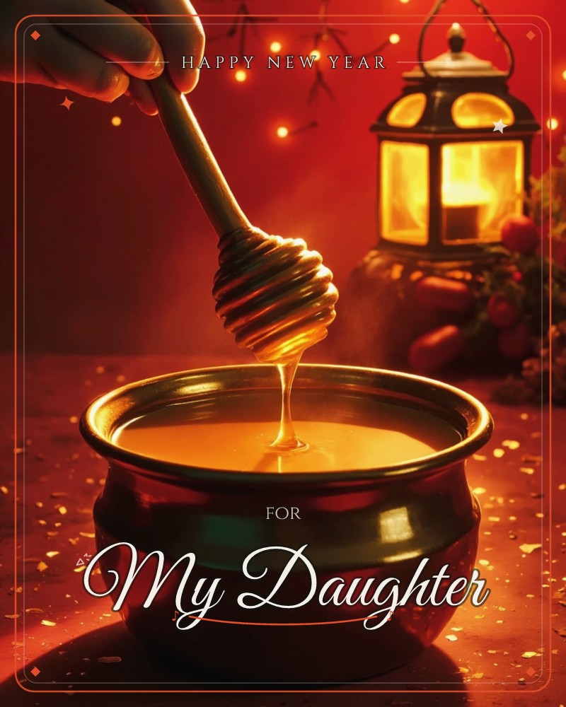 A hand lifts a wooden honey dipper from a gleaming metal pot, golden honey trailing back down in a slow ribbon, a new year e-card design