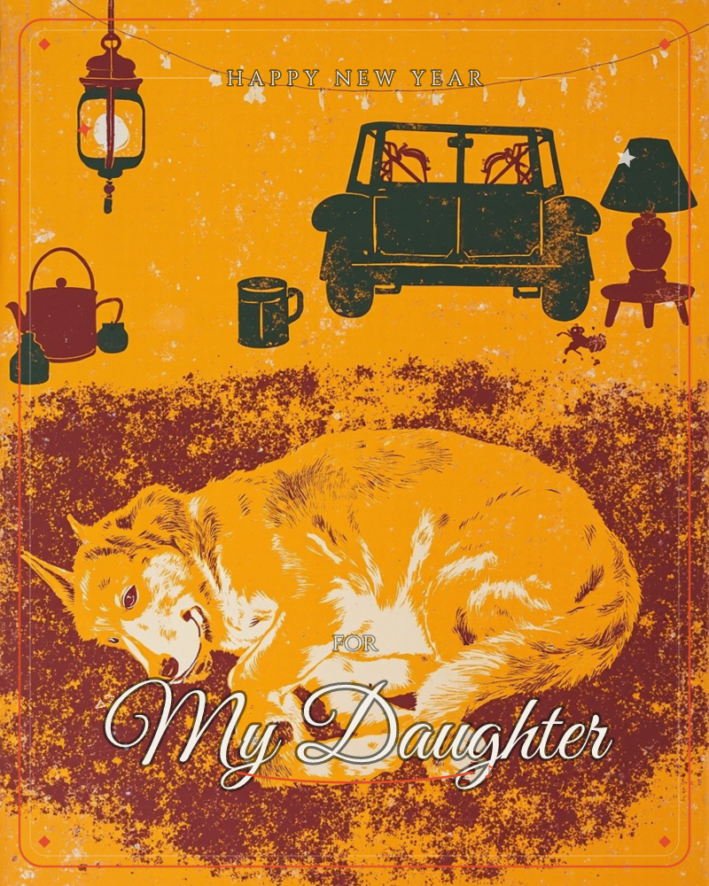 A large curled-up dog rests on a mottled maroon-and-gold ground, printed in a rough linocut texture, while above it floats a lineup of small icons: a…, a new year e-card design