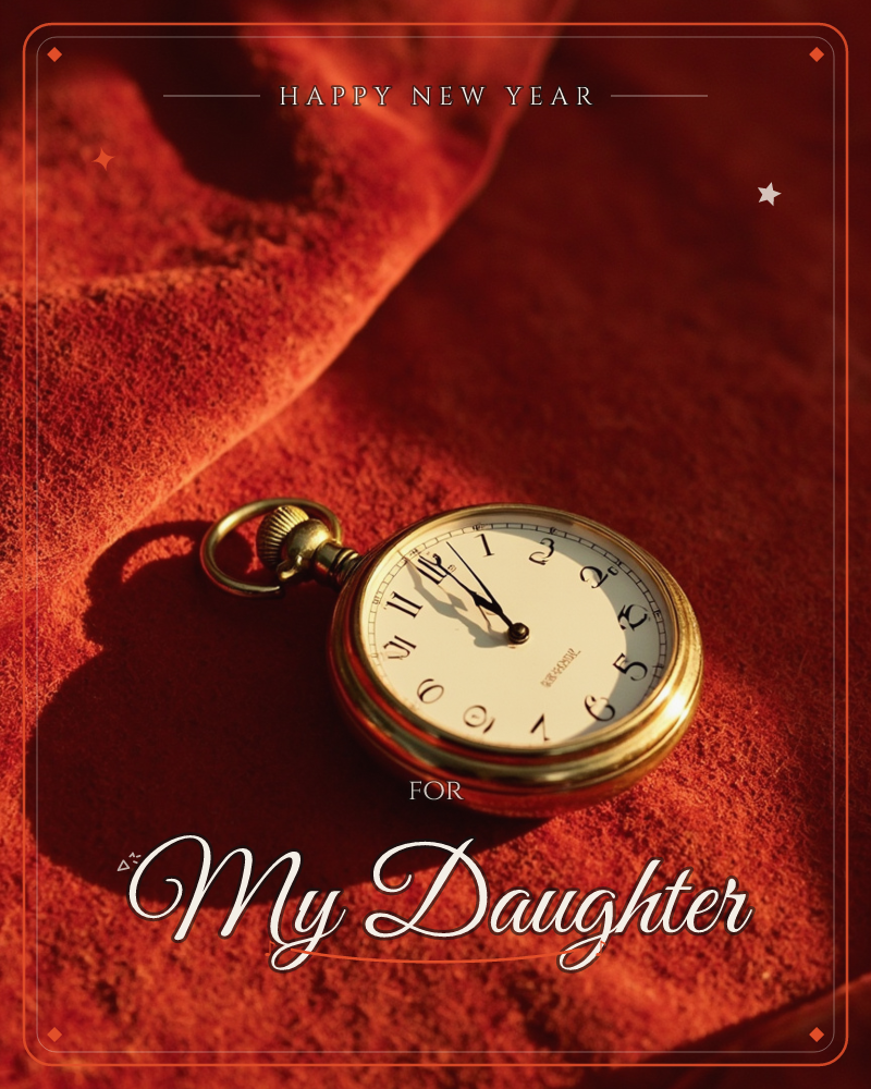 A brass pocket watch with a cream face rests on folded rust-red suede, its long shadow stretching across the fabric's soft nap, a new year e-card design
