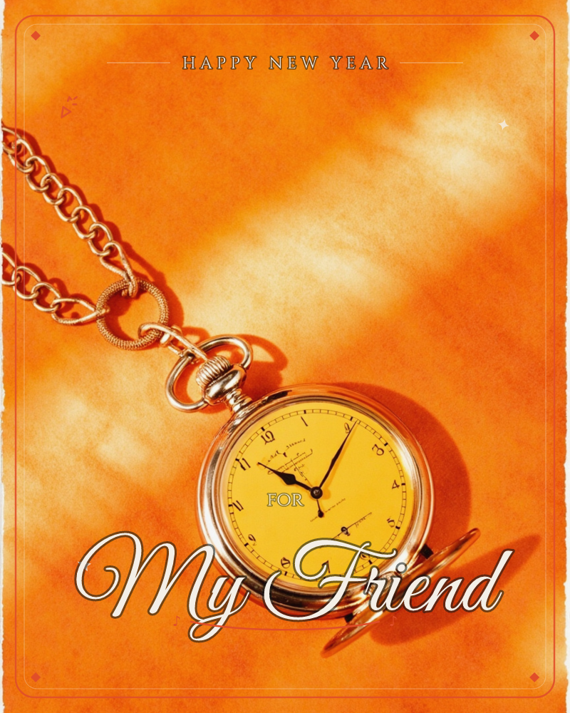 A gold pocket watch lies open on a bold orange background, its chain looped above and its cover flipped to one side, a new year e-card design