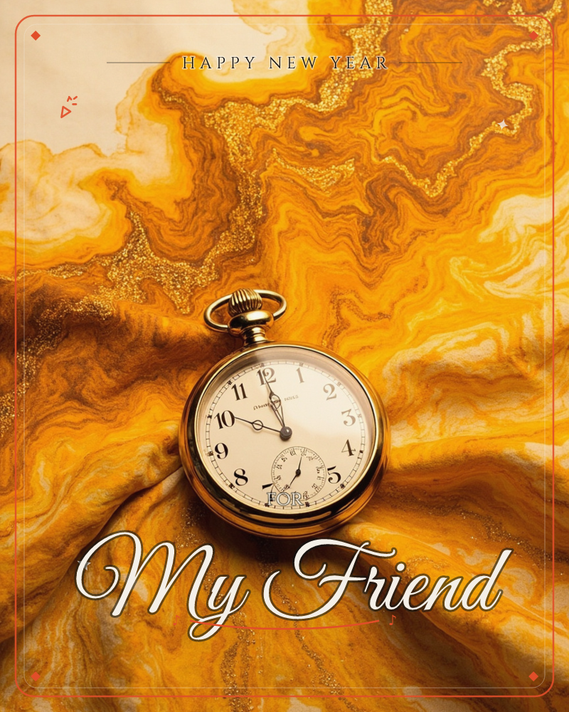 A vintage gold pocket watch with a cream dial and small seconds subdial rests atop draped fabric printed with swirling amber and gold marbled patterns, a new year e-card design