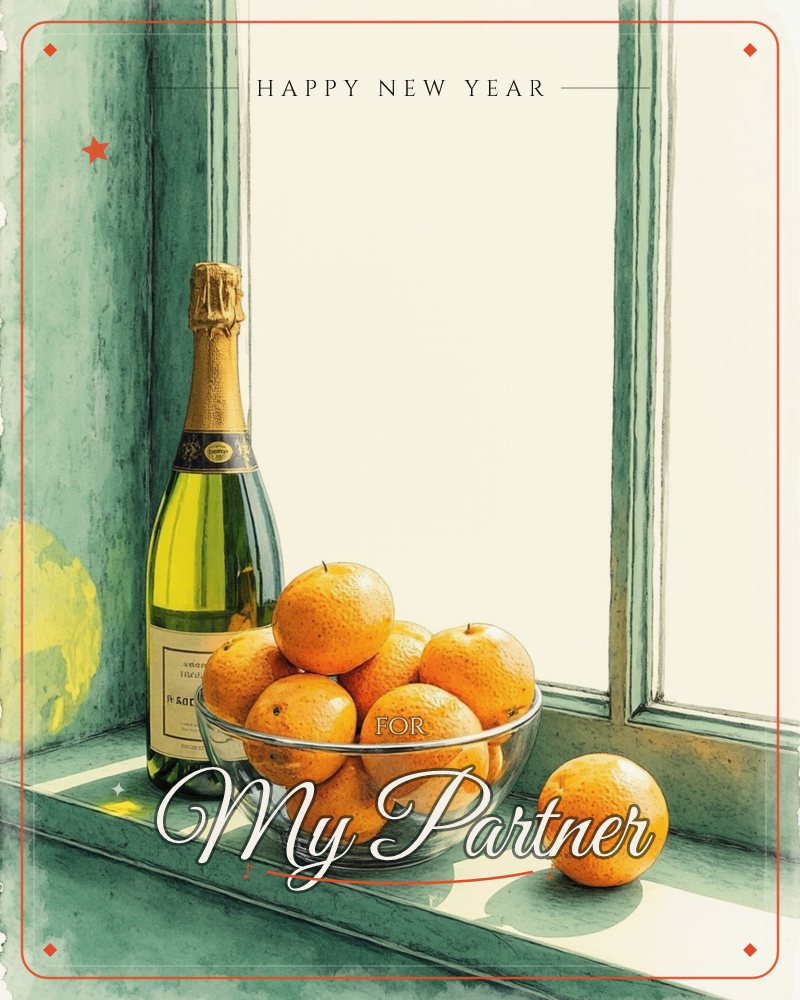 A still life on a sage-green windowsill shows a bottle of champagne standing beside a glass bowl heaped with clementines, one orange rolled loose onto…, a new year e-card design