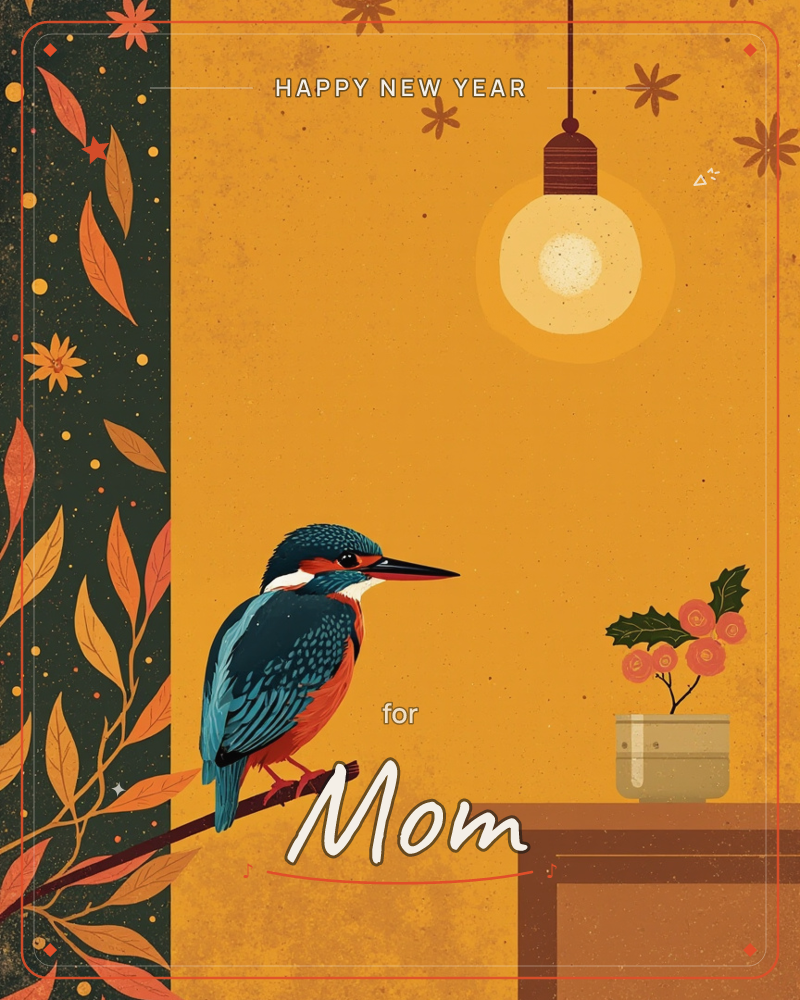 A kingfisher with teal, orange and white feathers perches on a branch against a warm mustard-yellow wall, beside a dark leafy border patterned with…, a new year e-card design