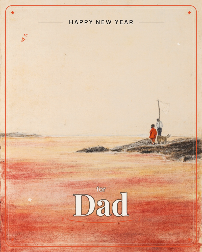 A wide, empty shoreline glows in deep red and amber tones beneath a pale cream sky, with two small figures and a dog standing on a dark headland beside…, a new year e-card design