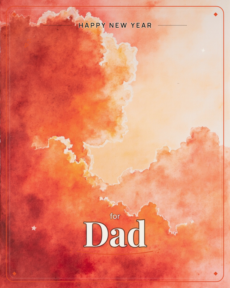 A blazing sky study in watercolour, with billowing clouds rendered in deep crimson and burnt orange bleeding into a pale, sunlit gap of cream at the…, a new year e-card design