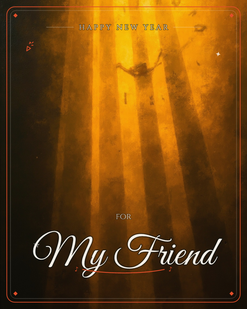 A small silhouetted figure floats with arms outstretched amid tall golden shafts of light streaming down from above, tiny dark shapes drifting like…, a new year e-card design