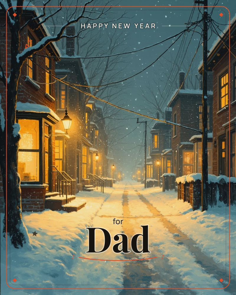 A quiet snow-covered street at dusk, lined with brick row houses whose windows glow amber against the deep blue evening, a new year e-card design