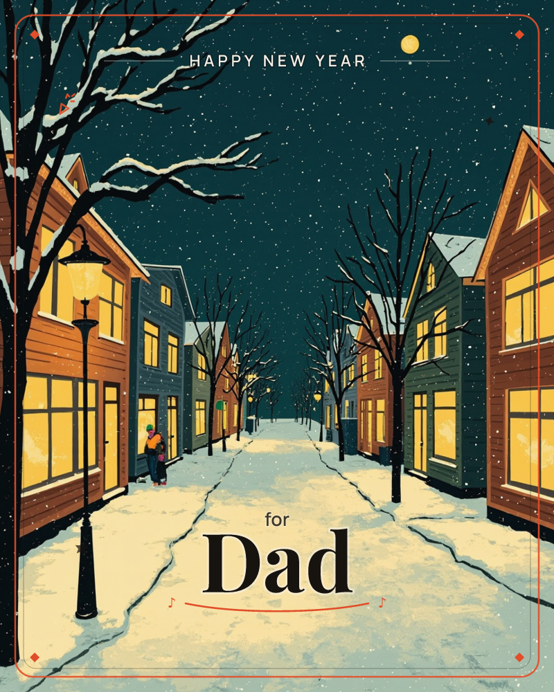 A snow-covered street glows under a deep teal night sky, with a golden full moon and drifting snowflakes above rows of wooden houses lit warmly from…, a new year e-card design