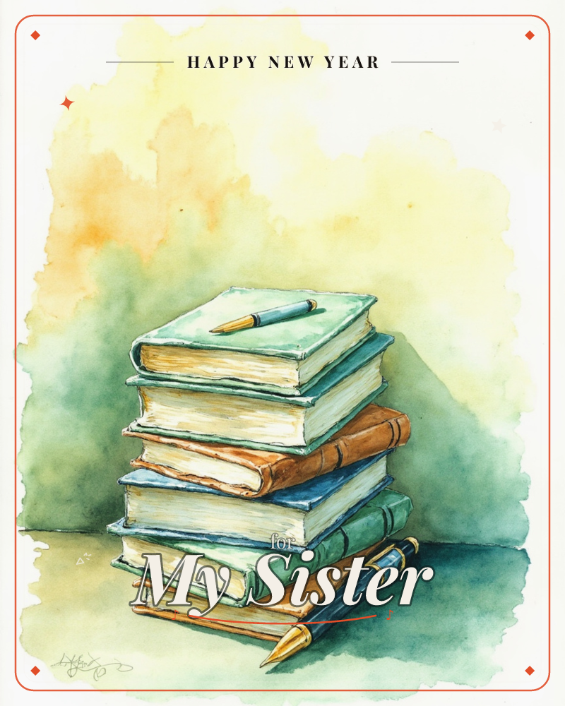 A tall stack of well-worn hardback books rises against a soft wash of golden yellow and sage green, with a fountain pen resting on top and another…, a new year e-card design