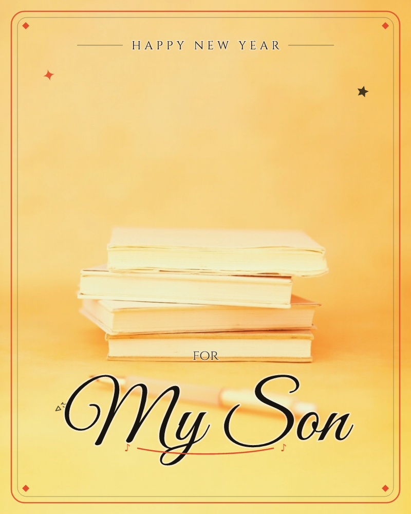 A small stack of plain hardback books sits against a warm golden-yellow backdrop, with a single pen resting nearby on the surface below, a new year e-card design