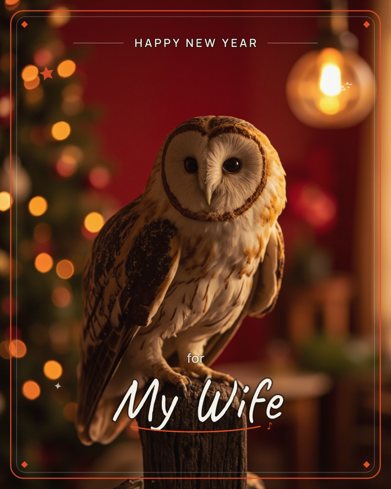 A barn owl with a heart-shaped face perches on a weathered wooden post, gazing steadily at the camera, a new year e-card design