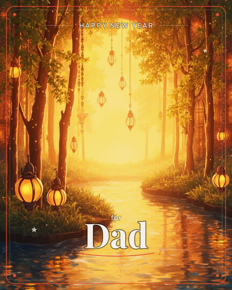 A quiet forest stream winds toward a glowing golden horizon, framed by tall trees whose branches arch overhead like a canopy, a new year e-card design