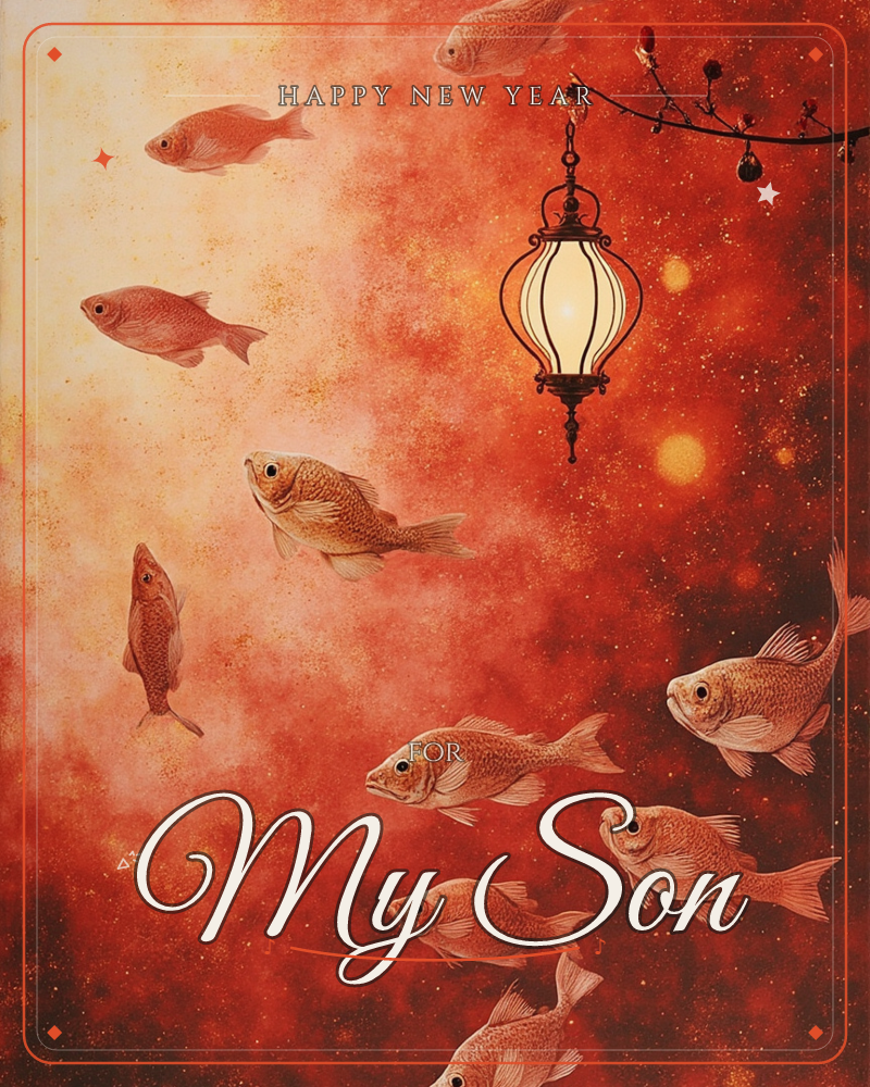 A school of copper-toned goldfish drifts upward through a hazy, ember-red atmosphere, as if swimming through smoke or clouded water, a new year e-card design