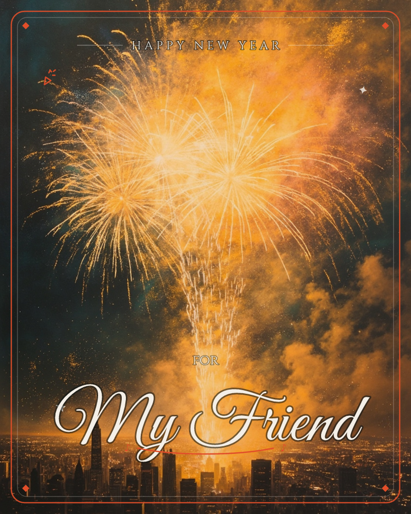 A burst of golden fireworks explodes over a dark city skyline, its smoke and sparks glowing amber against the night sky, a new year e-card design