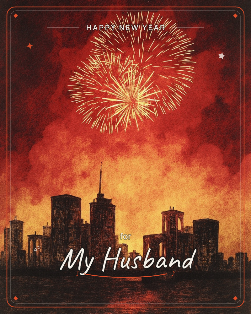 A city skyline sits black against a blazing red and amber sky, its towers and a bridge silhouetted along the waterline, a new year e-card design