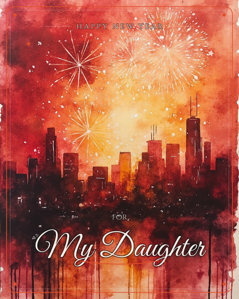 A city skyline sits in silhouette against a blazing wash of red and orange, while bursts of white fireworks explode overhead in scattered starbursts, a new year e-card design