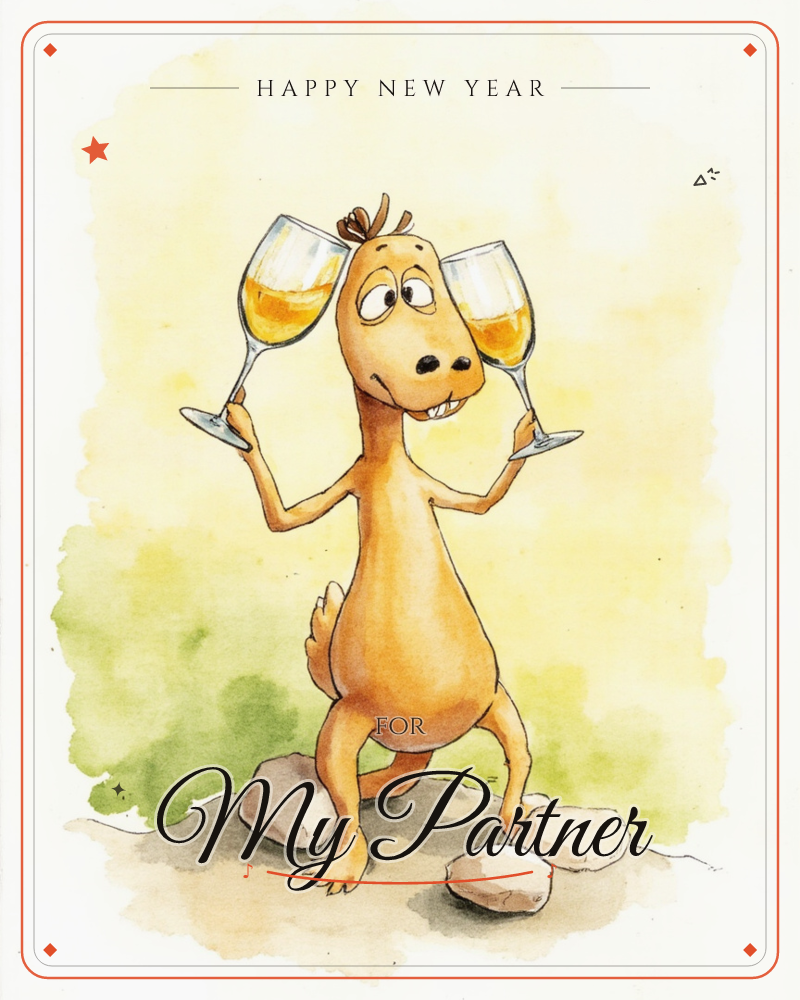 A goofy, big-nosed cartoon creature stands on two rounded stones, holding up a glass of bubbly in each hand with a wide, gap-toothed grin, a new year e-card design