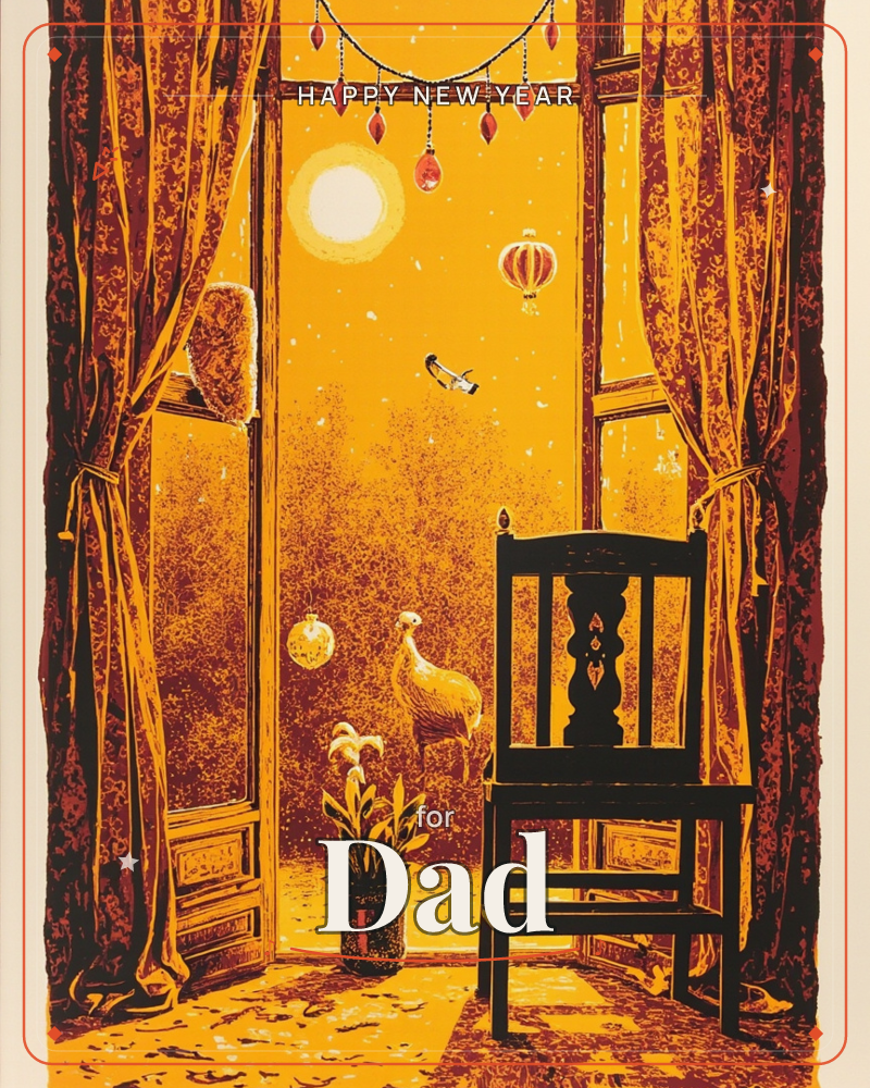 An open balcony door glows amber under a full moon, framed by heavy tasseled curtains pulled to either side, a new year e-card design