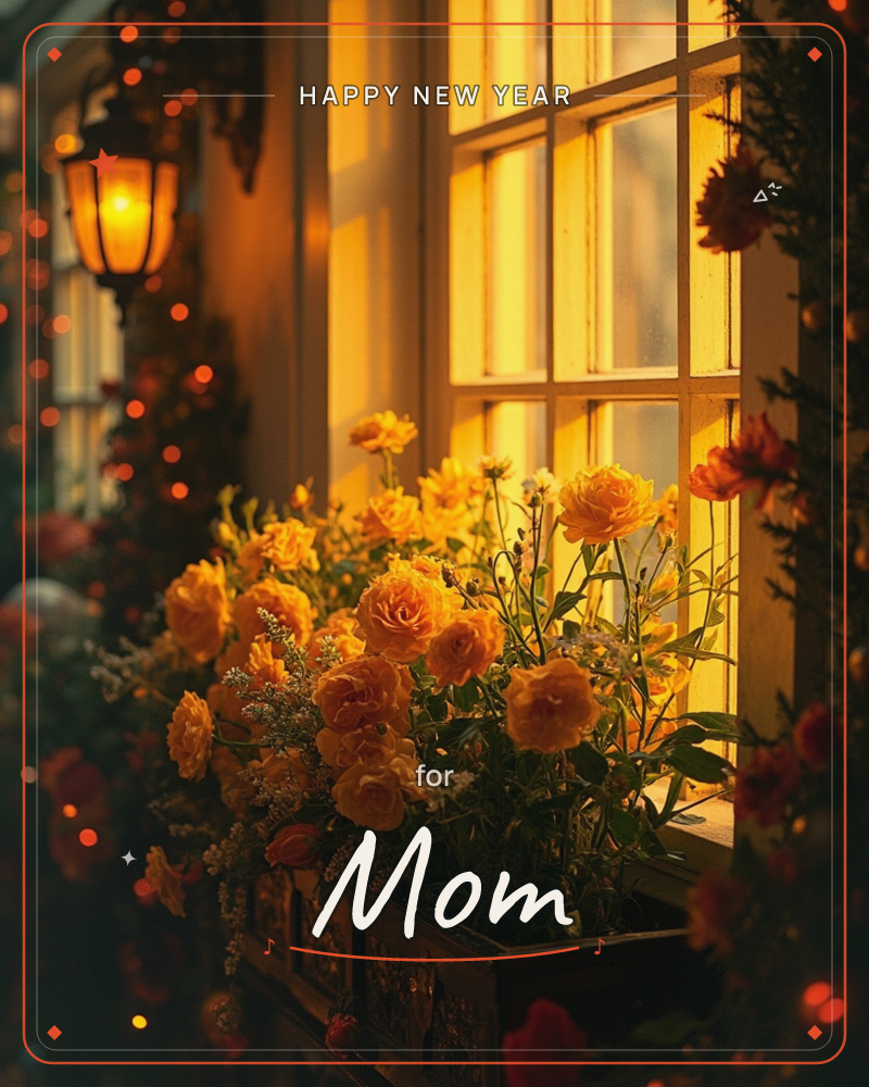 A window box overflows with golden roses beneath a paned window glowing amber from within, while a lantern and strings of tiny lights flicker in the…, a new year e-card design