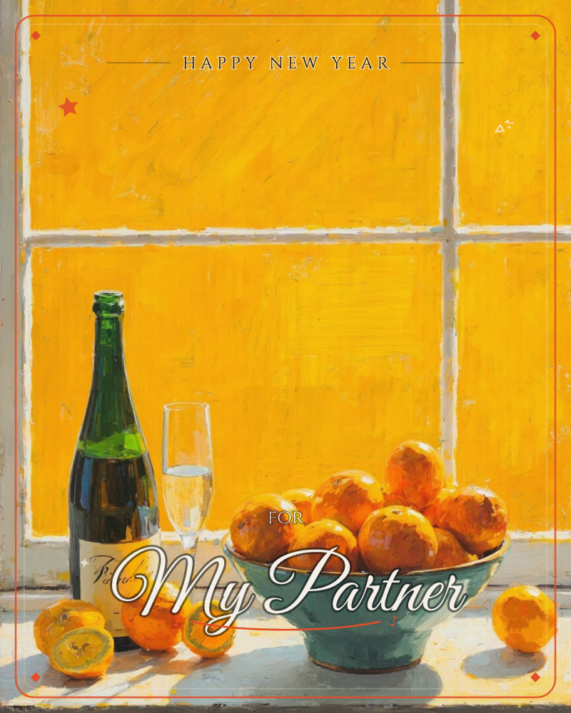 A still life on a sunlit windowsill glows against panes of solid mustard-yellow light, a new year e-card design