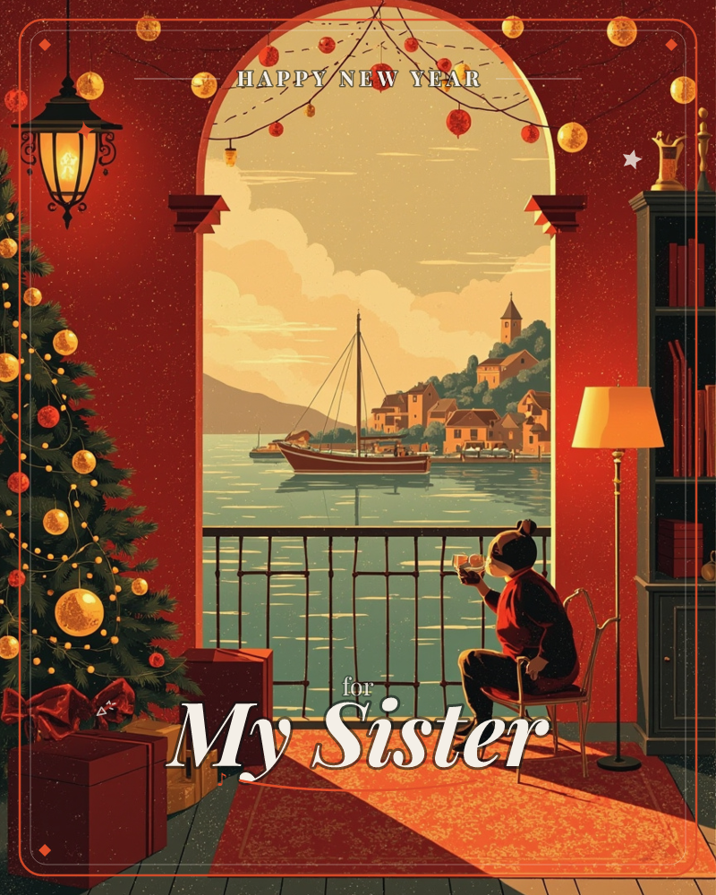 A cozy red room opens through an arched balcony onto a coastal village, its hillside houses and a moored sailboat glowing under a warm winter sky, a new year e-card design