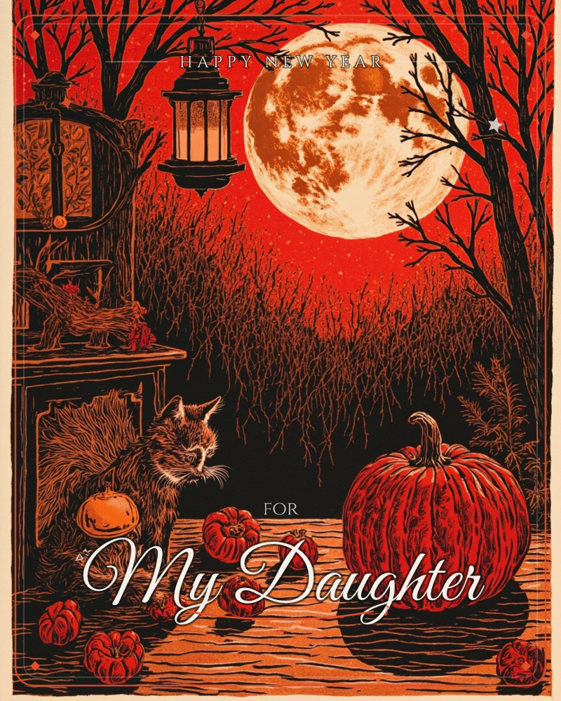 A woodcut-style illustration shows a bristling cat perched beside a mantel and lantern, watching over scattered pumpkins under an enormous full moon, a new year e-card design