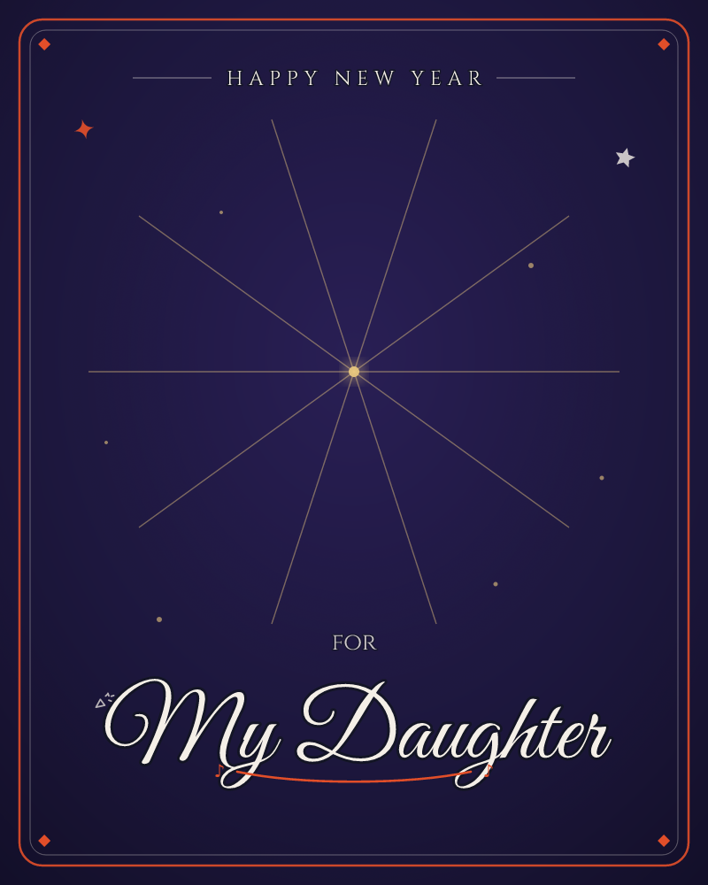 A single golden star bursts into thin radiating lines across a deep indigo night sky, its rays stretching almost to the edges of the card like a…, a new year e-card design by @DittyCityTeam