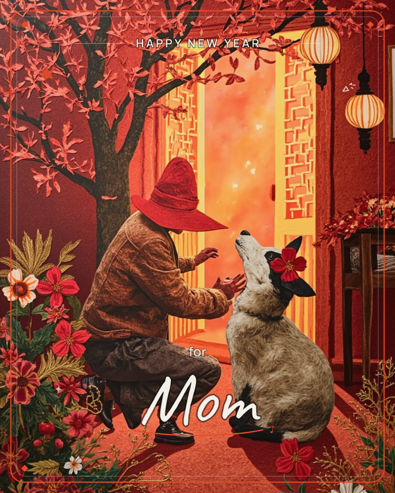 A person in a wide red hat kneels beside an open lantern-lit doorway, reaching out to a dog wearing a red flower behind its ear, a new year e-card design