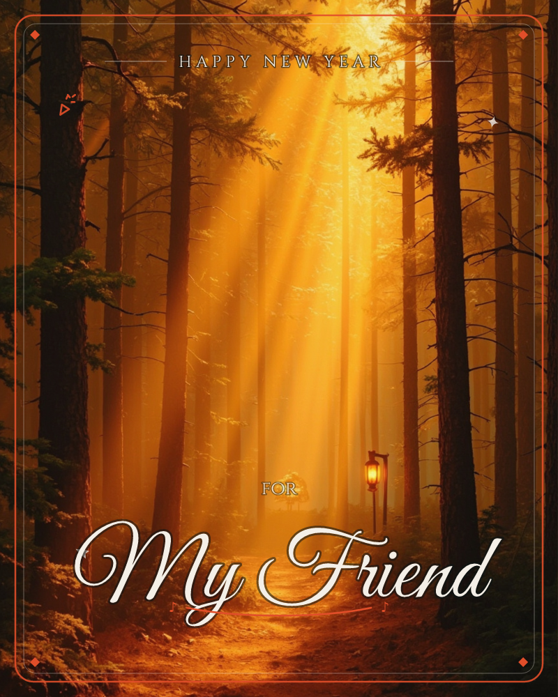 Golden sunbeams pour down through tall pine trees onto a quiet forest path, with a small lantern glowing beside the trail and a faint gate visible in…, a new year e-card design