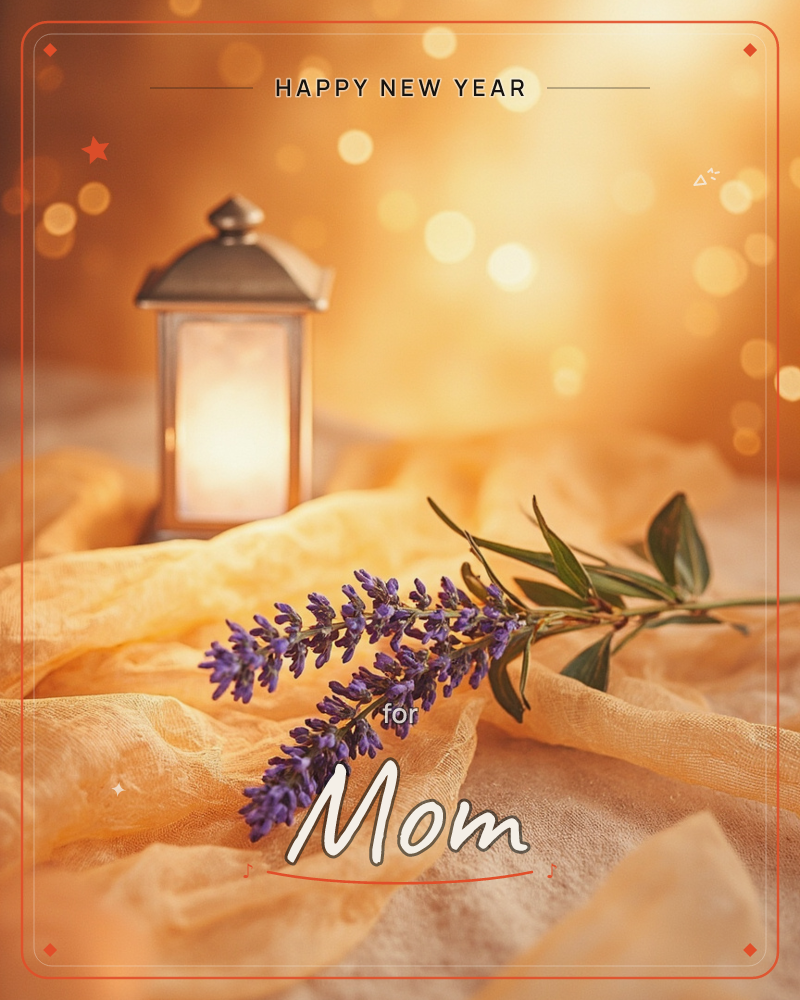 A small glowing lantern sits nestled in folds of golden gauzy fabric, its warm light softened by a haze of amber bokeh, a new year e-card design