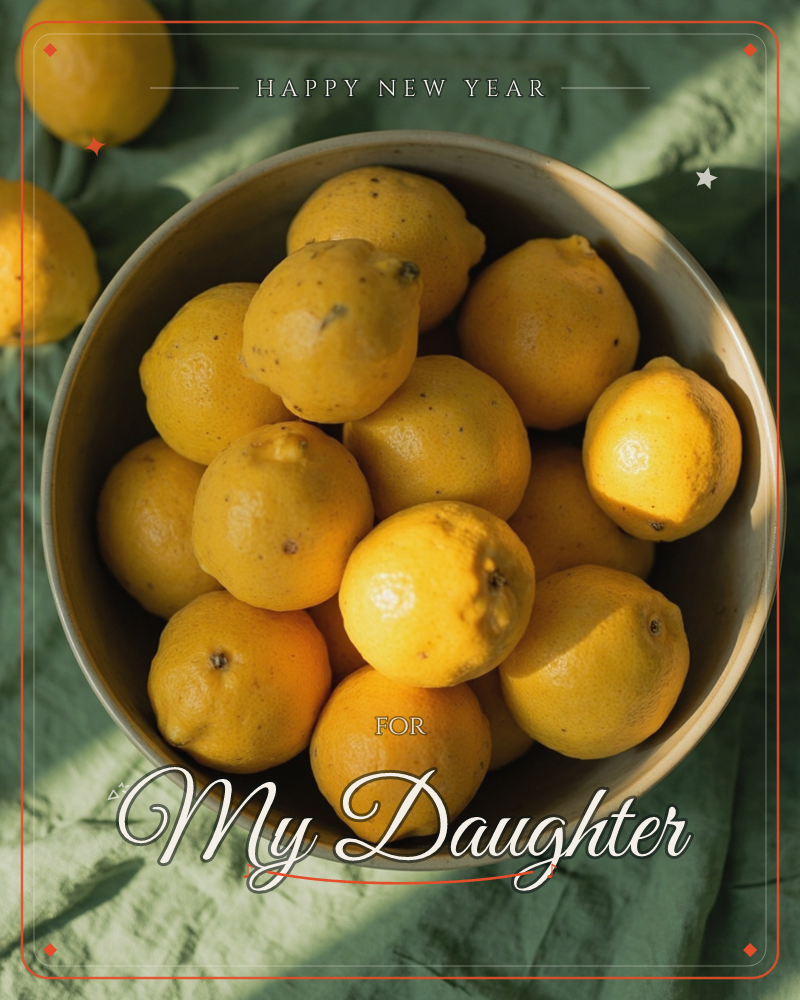 A metal bowl heaped with lemons sits on a rumpled sage-green linen cloth, photographed from directly above, a new year e-card design