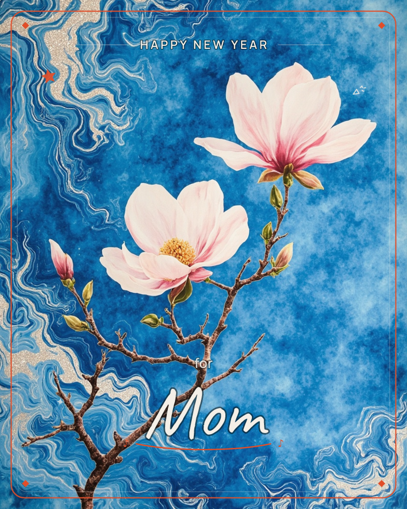 A bare, thorny branch bursts into two open magnolia blossoms and several unopened buds, painted in soft pink and cream against a swirling deep blue sky, a new year e-card design