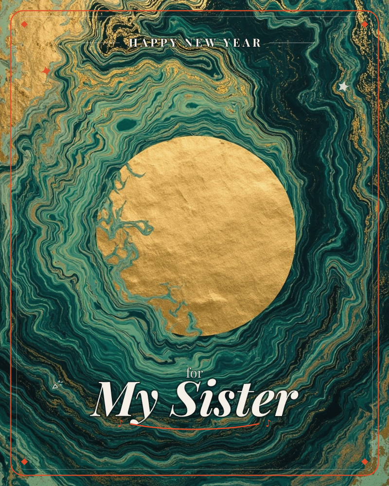 A solid gold circle sits at the centre of swirling marbled rings of teal, emerald and deep blue-green, with fine veins of gold threading through the…, a new year e-card design