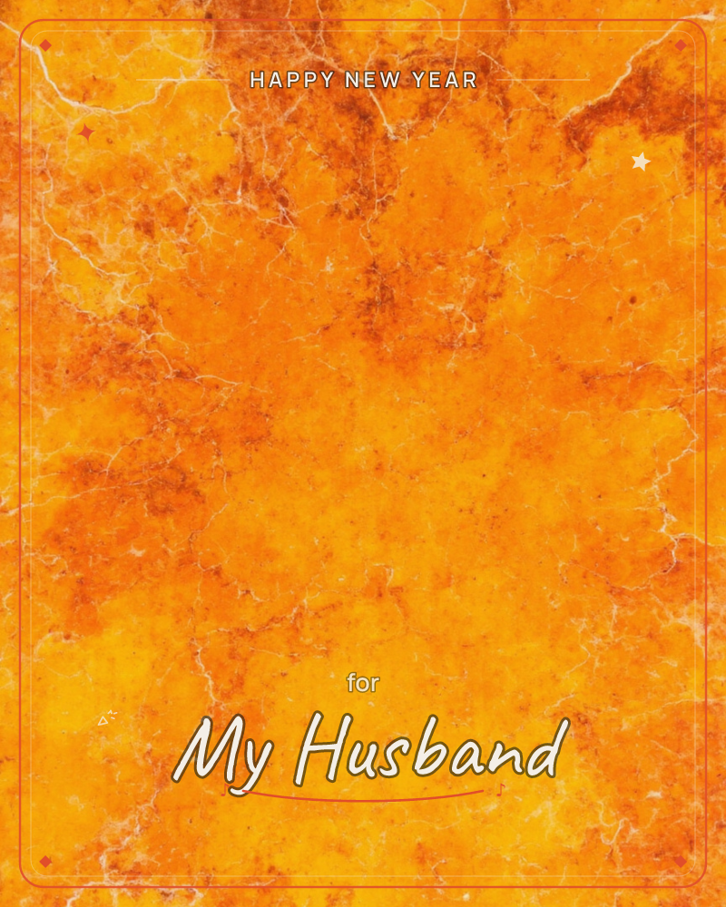 A rich field of marbled orange fills the whole card, mottled with deeper rust and amber patches and threaded through with fine pale cracks like veined…, a new year e-card design