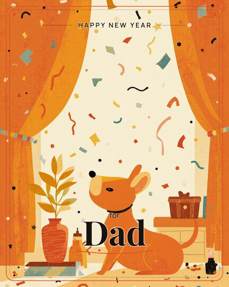 A small orange dog sits between heavy curtains, tilting its head up at a shower of falling confetti, a new year e-card design