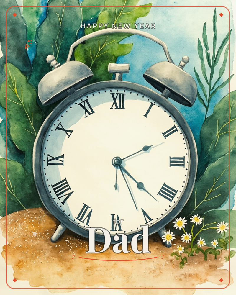 A vintage twin-bell alarm clock with a Roman numeral face sits on a patch of sandy earth, framed by tall watercolour leaves in deep teal and green, a new year e-card design