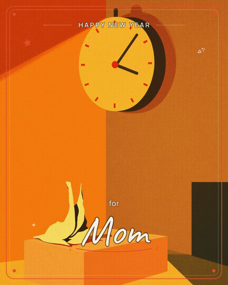 A large yellow clock hangs on a warm orange wall, casting a bold shadow, while below it a wilting striped flower droops over the edge of a plinth, a new year e-card design