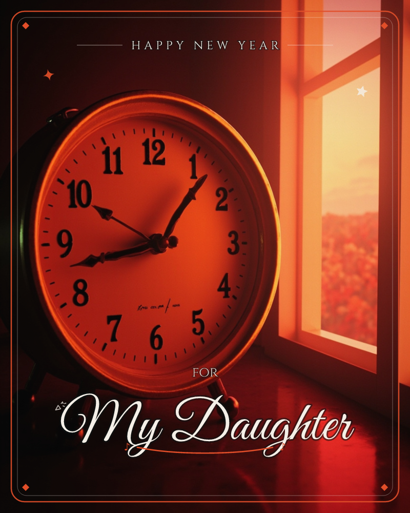 A classic round alarm clock sits on a reflective tabletop, bathed entirely in deep orange-red light from a window beside it, a new year e-card design