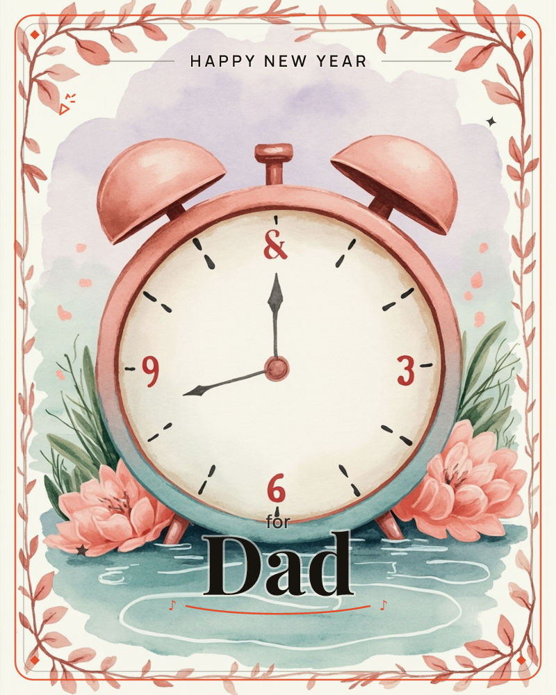 A vintage-style twin-bell alarm clock in coral pink sits atop a soft teal watery surface, its face marked with an ampersand at the top instead of a twelve, a new year e-card design