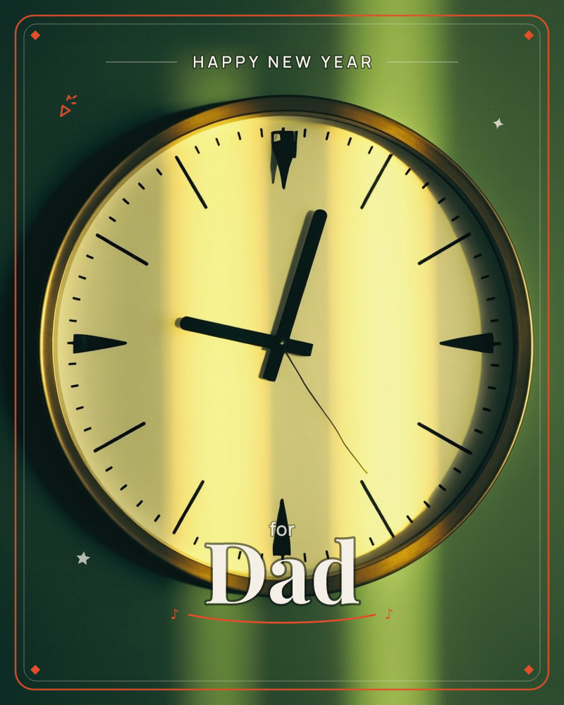 A round brass-rimmed clock hangs on a deep green wall, its pale gold face marked with simple tapered hour lines instead of numbers, a new year e-card design
