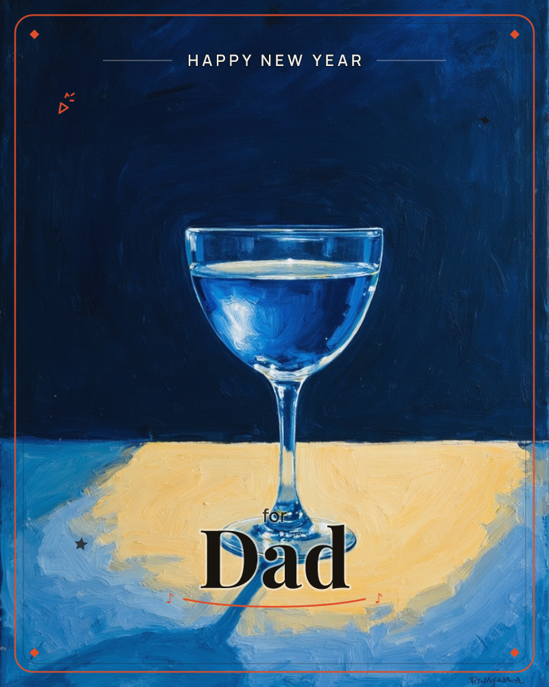 A single stemmed glass filled with pale liquid stands against a deep navy backdrop, set on a table lit in a warm patch of gold amid cooler blue shadow, a new year e-card design