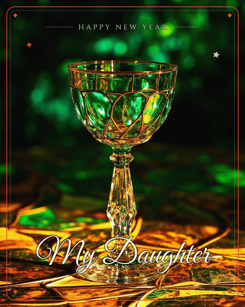 A cut-crystal goblet with gold-trimmed panels stands on a mosaic surface of emerald and amber tiles, glowing against a dark, bokeh-flecked green…, a new year e-card design