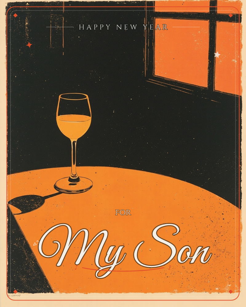 A single wine glass sits half full on a round table, its long shadow stretching across the surface, while a paned window glows orange against a black room, a new year e-card design